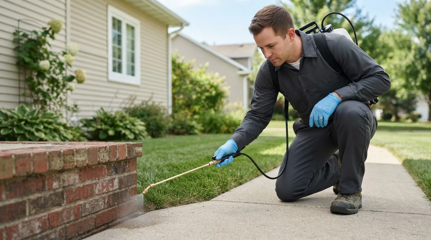 Pest control technician treating a home near Marseilles, IL